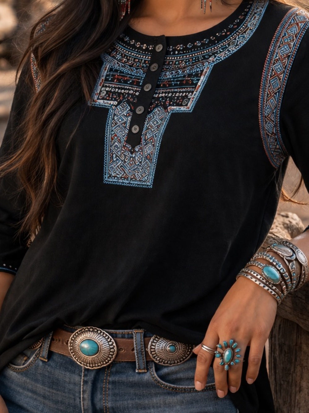 Black Top with Blue and Red Embroidery